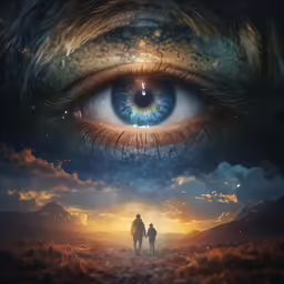 two people walking through the night under an eye