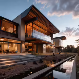 a house with large glass windows sitting on top of a hillside