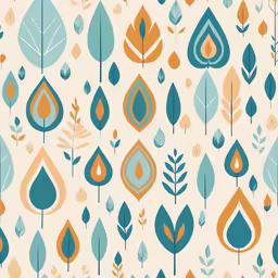 a pattern with orange, turquoise and green leaves