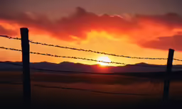 a sun setting in the distance through a wire fence