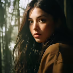 young woman standing in the woods looking into camera