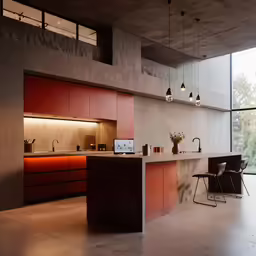 a modern kitchen has an island with a counter in the middle