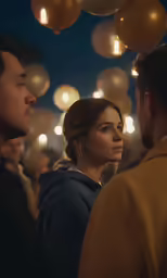 a couple looking off into the distance in the background are lanterns