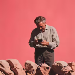 man looking at camera next to large rocks