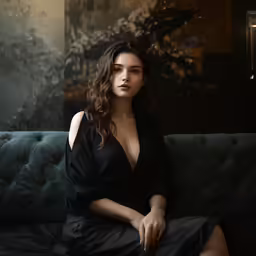 a women sitting on a couch posing for a picture