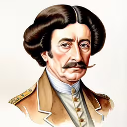 watercolor portrait of general general george washington with moustache,a drawing of an old man wearing a brown suit