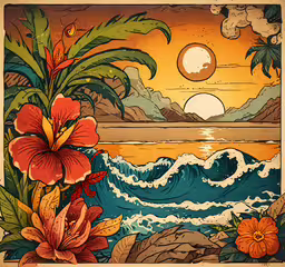 an artistic image of the ocean and flowers in an old paper cutout,an artistic image of the sun setting over a beach