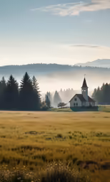 a church is nestled between trees in the distance