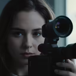a girl holding a camera up to her face