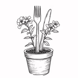 potted plant with fork, knife and flowers in it
