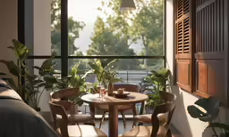 two small wooden chairs in front of a table