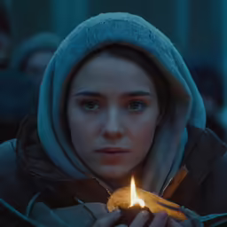 a girl with her head turned to the camera holding a candle