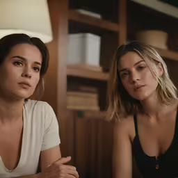 two woman sitting and staring intently at the camera
