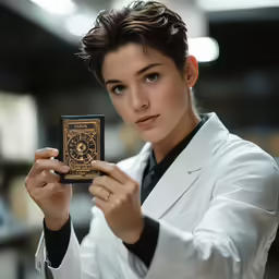 a girl in a lab coat holds up a box
