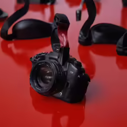 a camera with its lens out sitting on the table