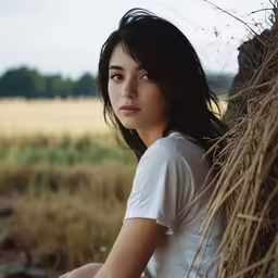 a woman standing behind hay bales in the wilderness