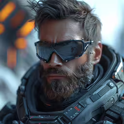 the character has a pair of sunglasses on his head,the character has black goggles and a beard