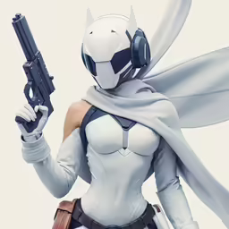 a female character is holding a gun and wearing grey