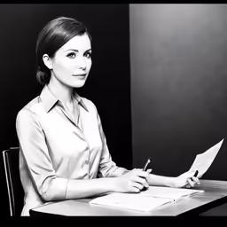 a woman is sitting at a desk writing something
