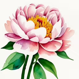 the pink flower with green leaves is drawn in watercolor,a large pink flower with green leaves and watercolor