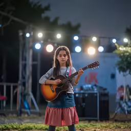 a little girl in pink dress playing guitar