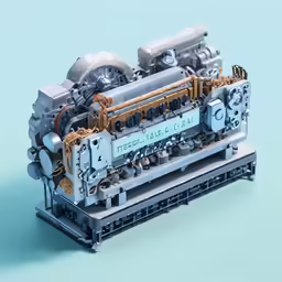 an engine with four cylinders, and two wheels, on a blue background
