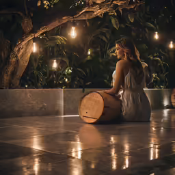 the woman is sitting with a large wooden drum