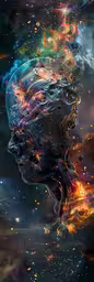 a face, in a blue sky with yellow and red stars,a digital painting of an abstract head and its reflection in water