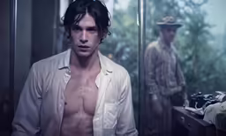 a man in a shirt is standing near a mirror