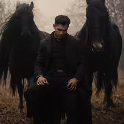 a man sitting on a chair with horses near him