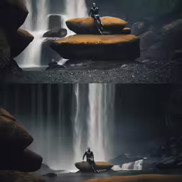 a person sitting on rocks next to a waterfall