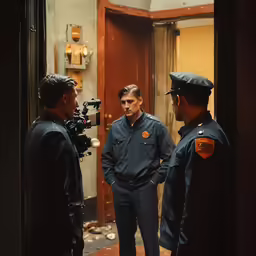 the men are discussing something while they are taking a picture