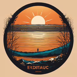 an orange and brown sunset with trees near water,a circular drawing of a sunset with trees and land