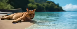 a tan cat laying in the sand near water