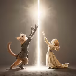 two animals dance side by side, reaching towards each other