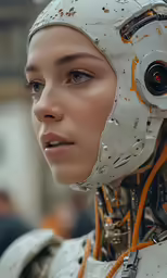 a close up of a humanoid female wearing a white helmet