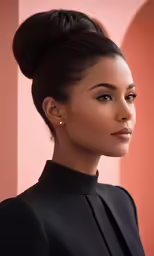 a woman in a black top and pearls