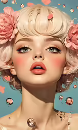 a young lady with rose petals in her hair, and make - up to resemble an afro