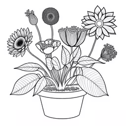 a pot with flowers coloring pages,the outline of flowers in a pot