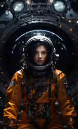 a woman in an astronaut suit sitting next to a space station