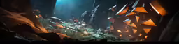 an animated scene with dark lighting and leaves