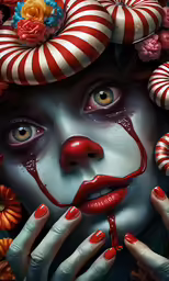 a creepy clown wearing red, white and blue makeup