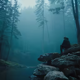 a person sitting on top of a rock in a forest