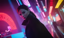 a woman in an animated movie with neon lights