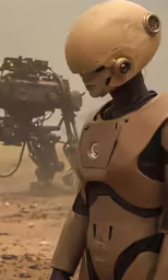 a robot standing in front of a robot with his head tilted to the side