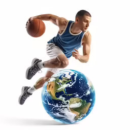 a basketball player flying over the globe as he is jumping