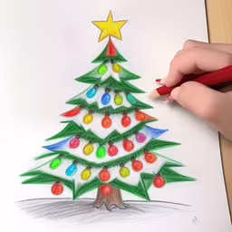 someone is drawing christmas tree with crayons on paper,a child