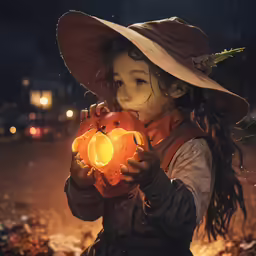 the child is holding a lit up pumpkin
