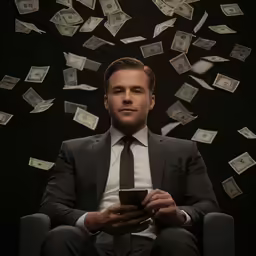 a man in a suit is looking at his phone and money pouring over him