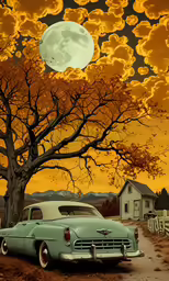 a car parked on a dirt road near a tree and an old house